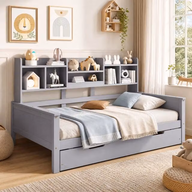 Divano letto multifunzionale in legno massello di pino 90x200 cm con letto estraibile 90x190 cm, grigio con vano portaoggetti e rete a doghe