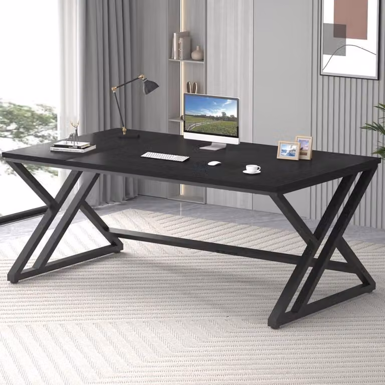 Scrivania, scrivania per computer, scrivania da ufficio, scrivania per l'ufficio domestico, scrivania per lo studio, PC da gaming, scrivania in legno e metallo, colore nero, dimensioni 180 x 80 cm