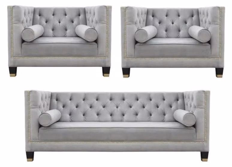 Sofagarnitur Grau Chesterfield Sessel Luxus Möbel Textil Stoff Wohnzimmer