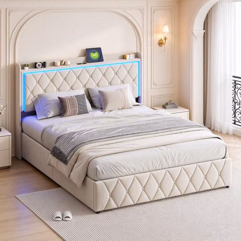 Letto imbottito INONEFT 160x200 cm con USB, struttura a molle con sistema di sollevamento idraulico, contenitore portaoggetti, rivestito in ecopelle, letto matrimoniale con rete a doghe, tessuto velluto, colore beige