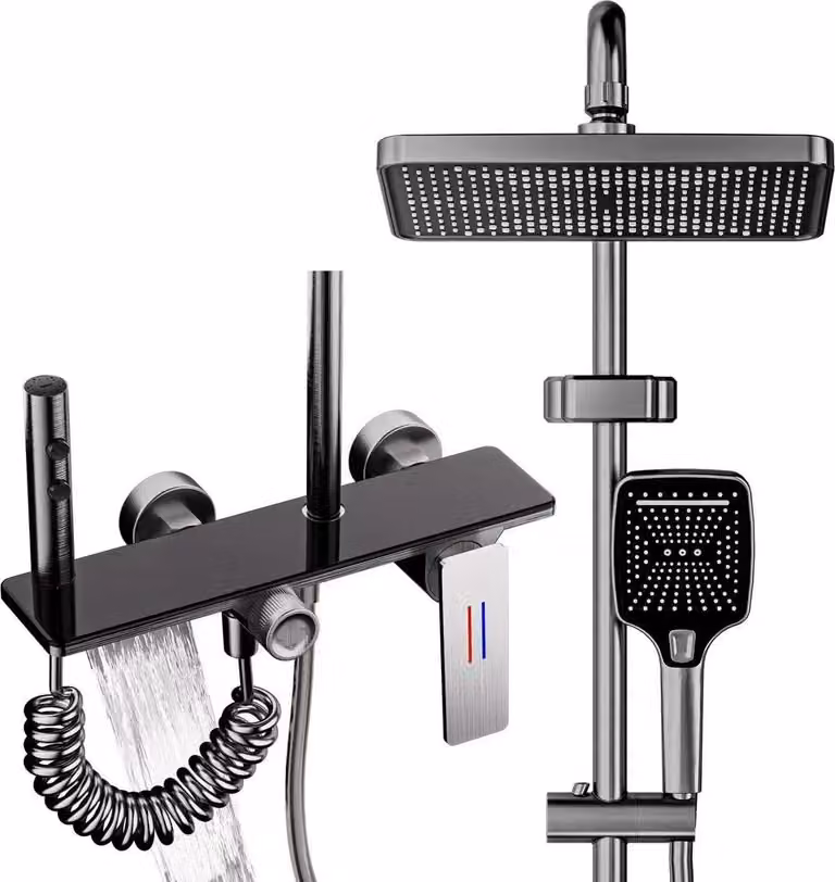 Sistema doccia per vasca da bagno - Doccia a pioggia con rubinetteria per vasca - Doccetta e doccetta igienica - Ottone - Regolabile in altezza - Nero