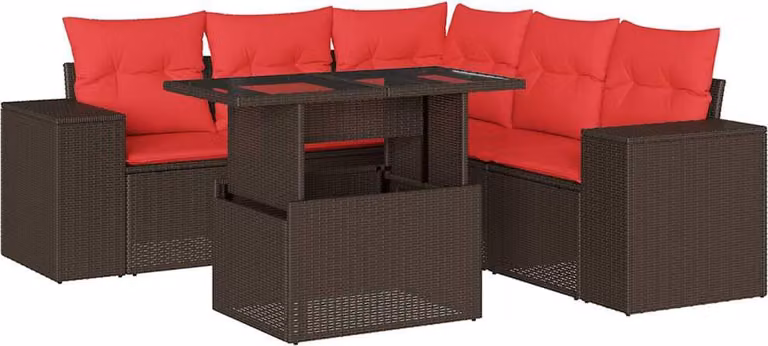 Set Divani da Giardino 6 pz con Cuscini Marrone in Polyrattan