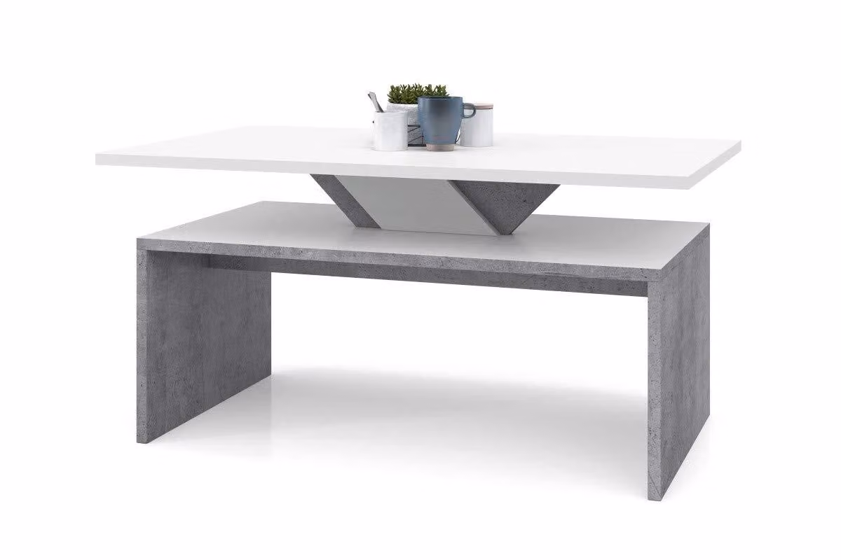 Tavolino All4All Soro, piccolo tavolino da caffè, tavolino per il soggiorno, tavolino da divano con vano portaoggetti, con piano estraibile, dimensioni 100x60 cm, modello 05, colore bianco e cemento Millennium