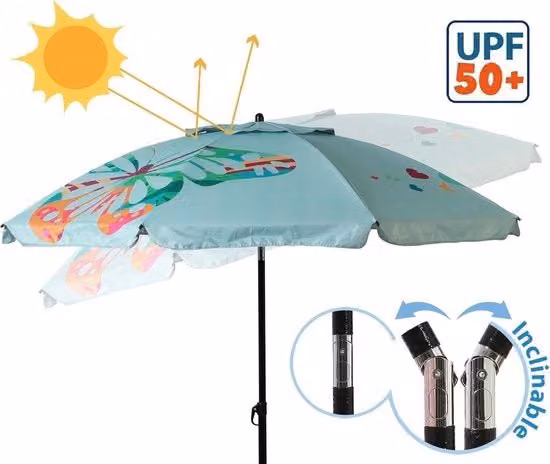 Parasole per mare Ø 180 a 220 cm con manico inclinabile in alluminio con ali, UPF 50+, colore blu, 220 cm, opzioni semplici in diverse colori