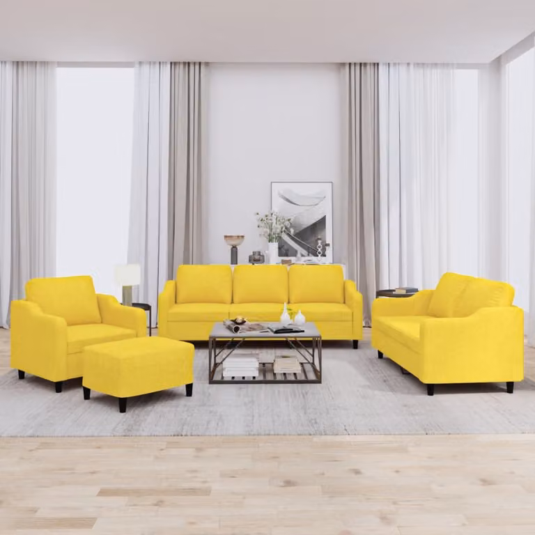 Set di divani vidaXL da 4 pezzi in tessuto giallo con cuscini e pouf per soggiorno
