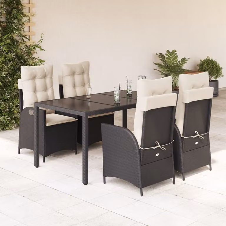 Set da Pranzo da Giardino vidaXL 5 pz in Polyrattan Nero con Cuscini e Tavolo in Vetro