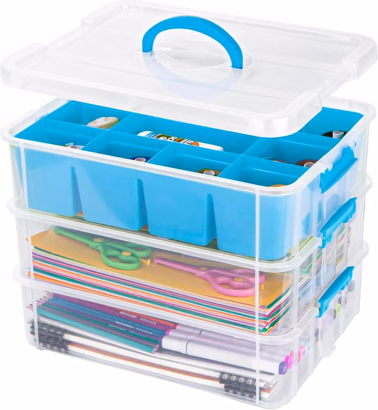 Contenitori portaoggetti, a 3 scomparti, in plastica, con coperchio e cassetto, trasparenti, ideali per il fai-da-te