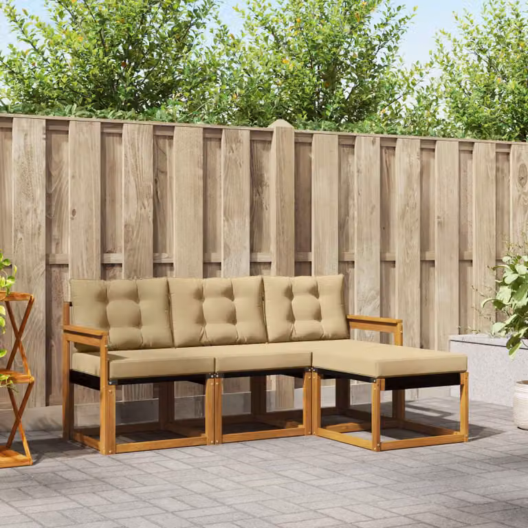 Set di divani da esterno vidaXL 4 pz in legno di acacia e textilene, colore beige e marrone, con pouf e cuscini inclusi