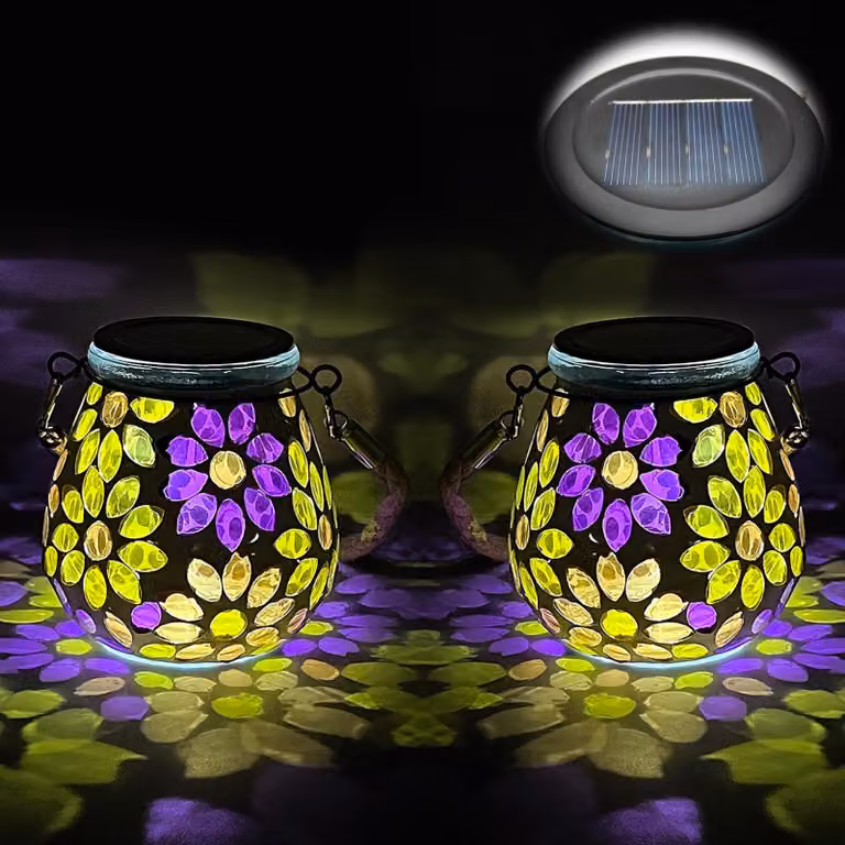 Lampade da esterno a energia solare con vetro decorato a mosaico, 2 pezzi, forma ovale, grado di protezione IP65, motivo floreale