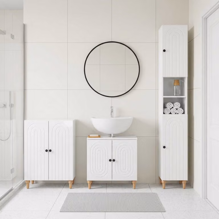 Set di mobili da bagno vidaXL ALKMAAR in 3 pezzi, Bianco Lucido, con mobile sottolavabo e pensili