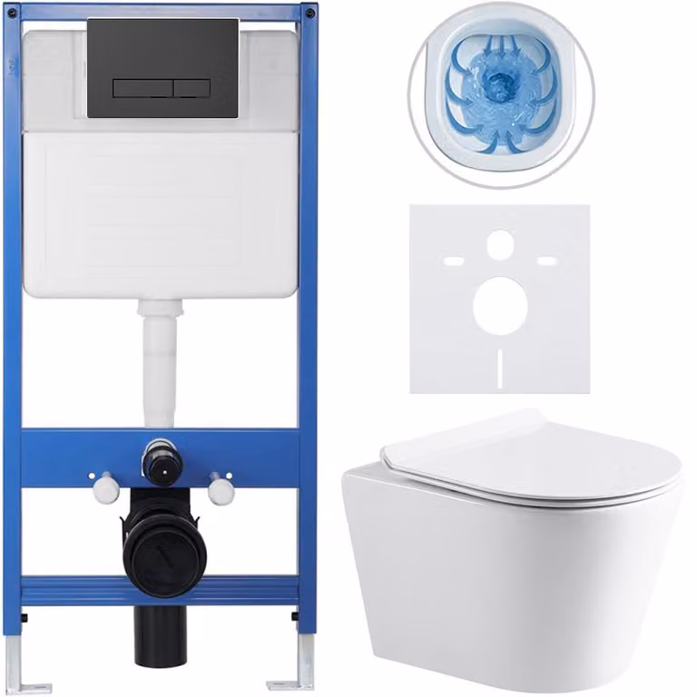 CERANO - Set completo per WC da incasso Lite/Norbi - bianco lucido - pulsante WC Slim, nero opaco - installazione a parete/cartongesso - 48,5x36,5 cm