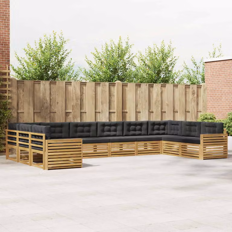 Set di divani da giardino vidaXL a forma di L composto da 10 pezzi in legno di acacia con cuscini in poliestere bianco e antracite