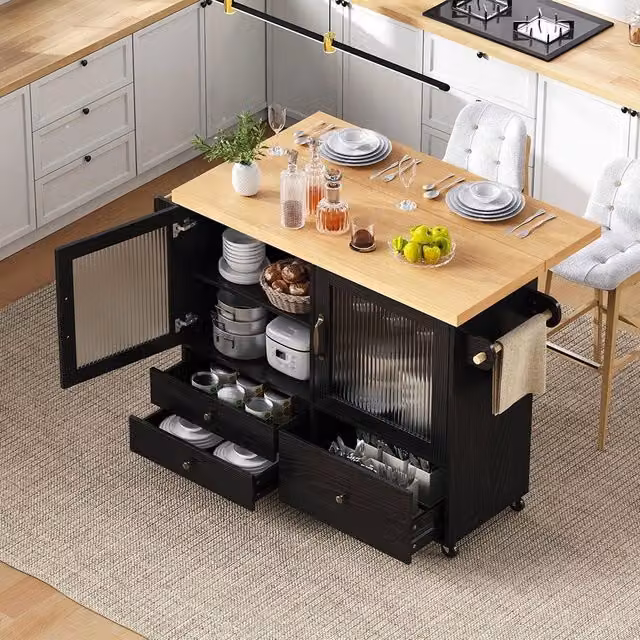 Isola da cucina mobile Xylo con tavolo allungabile e ruote, nero – 1
