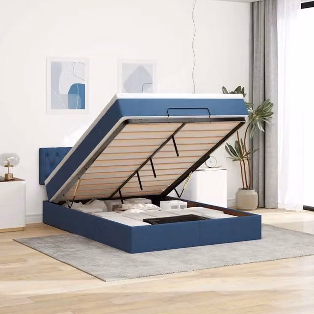 Letto con contenitore a sollevamento vidaXL in tessuto blu e bianco L: 140 cm, P: 200 cm, H: 88 cm – 1