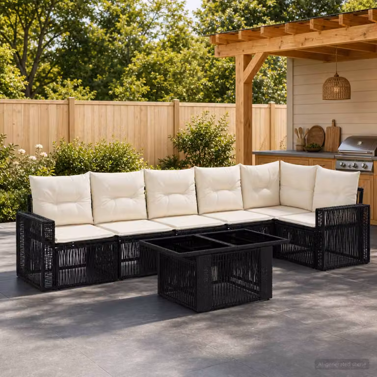 Set Divano da Giardino vidaXL 7 Pezzi a Forma di L con Tavolino, Nero e Bianco Crema