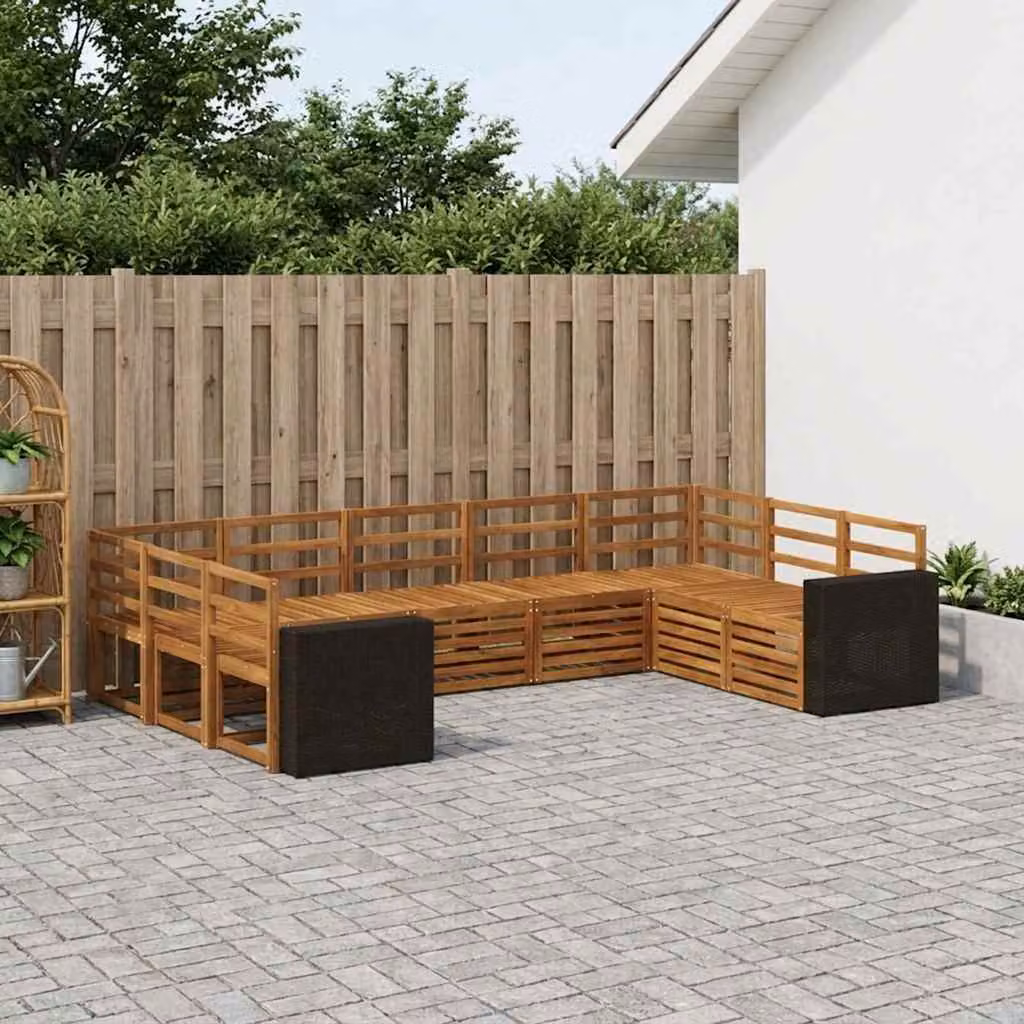 vidaXL Set di divani da esterno a forma di U composto da 9 pezzi in legno di acacia massello color marrone con cuscini inclusi