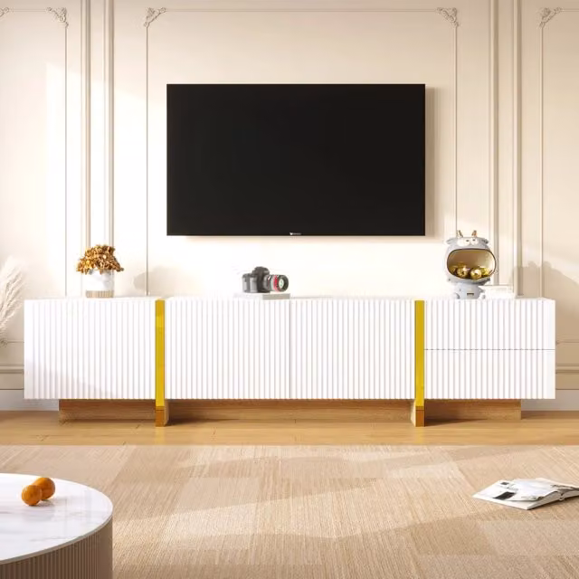 Mobile TV 190 cm ¨C MINIMAL ¨C Bianco con Oro, 3 Ante, 2 Cassetti, Legno