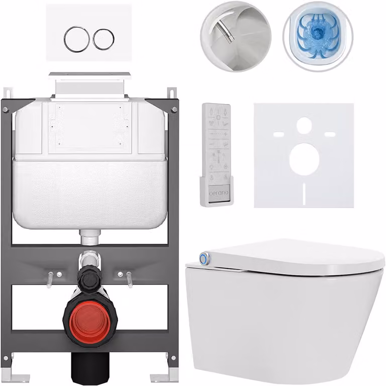 WC sospeso con bidet Basic/Cronus Premium - bianco lucido - pulsante WC Dualo/bianco - azionamento superiore - installazione a parete - 59,3 x 38,4 cm