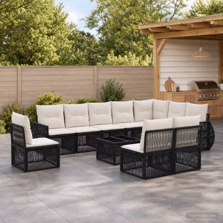 vidaXL Set Divano da Giardino 11 pz a Forma di L in Polyrattan Nero e Bianco Crema con Tavolino e Cuscini