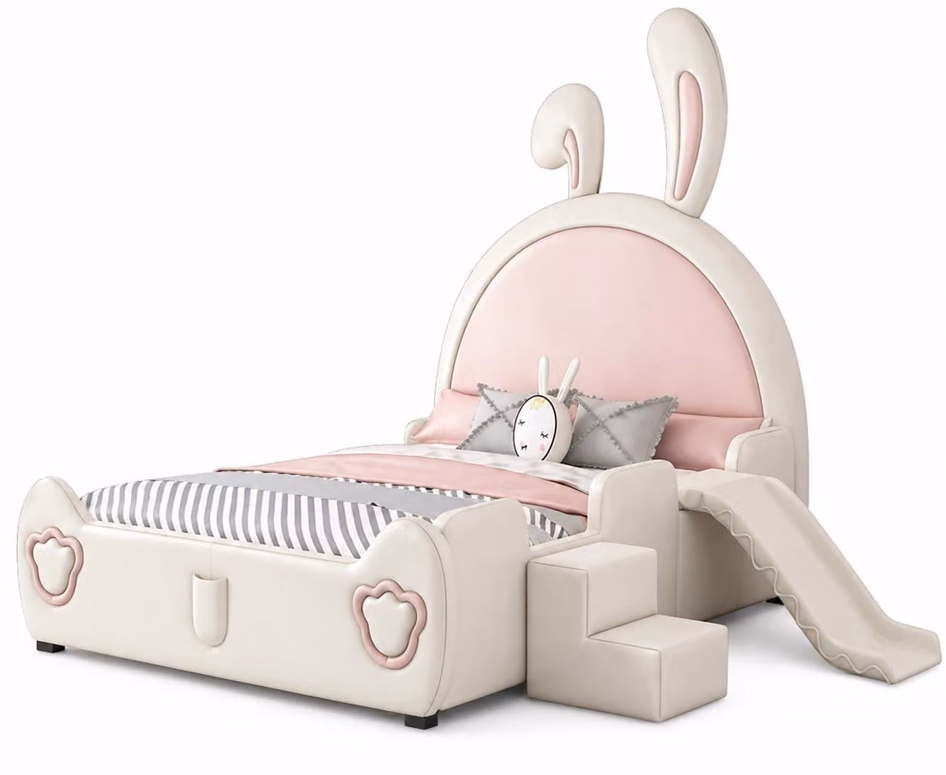Letto per bambini rosa chiaro con scivolo e scaletta, decorato con coniglietti, ideale per bambine
