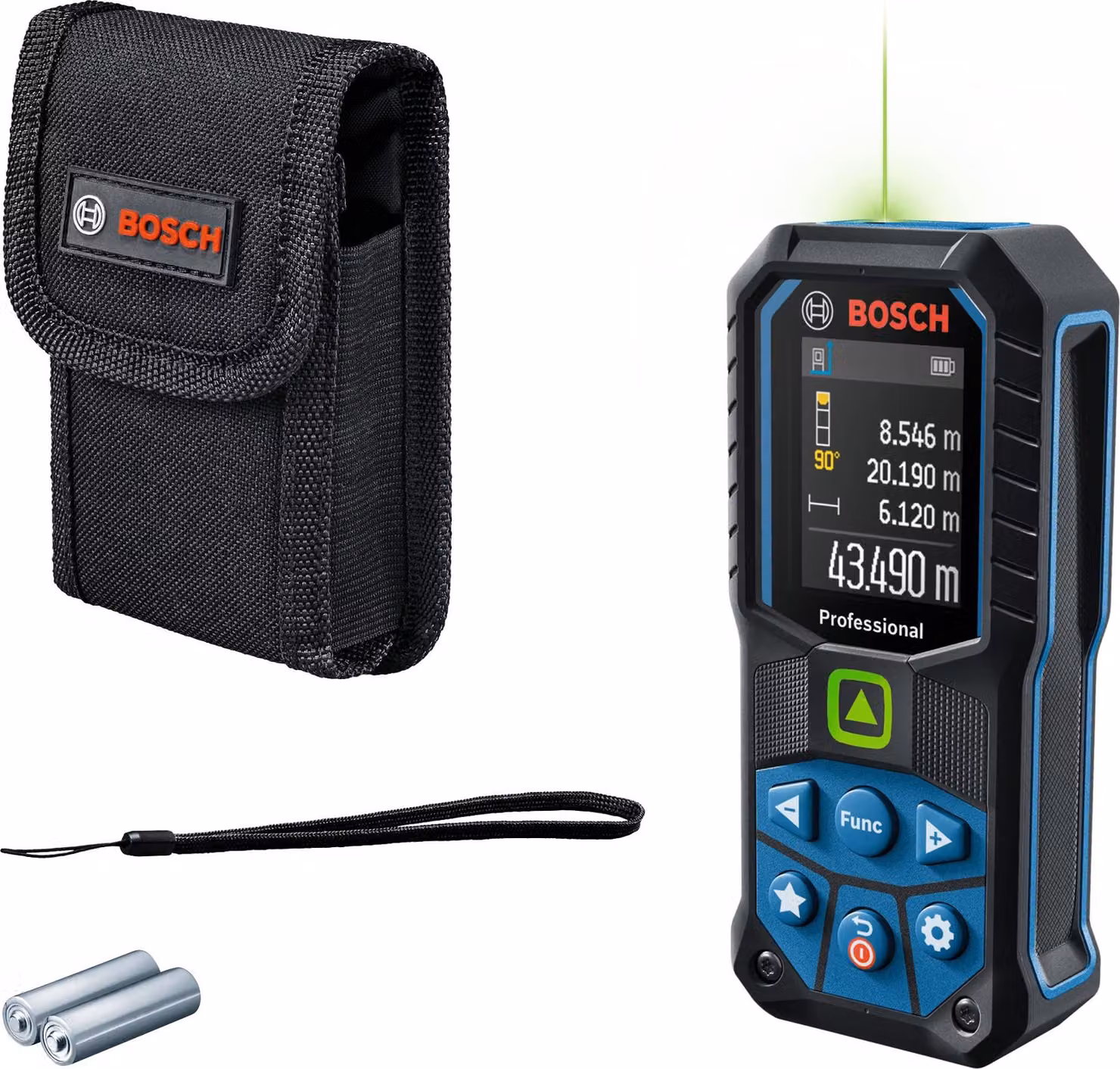 Bosch Professional Laser Meter GLM 50-23 G Sensore di inclinazione laser verde Portata fino a 50 m Robusto IP65 5 mm 2 batterie AA Cinghia di trasporto Custodia Blu