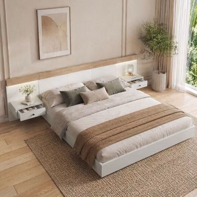 Letto matrimoniale Mivray con 2 comodini, illuminazione LED, porte USB e USB-C, cassetti e rete a doghe, Bianco e Rovere, L: 160 cm, P: 200 cm