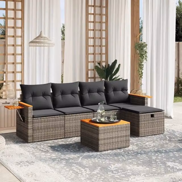 Set Divano da Giardino a L vidaXL in Polyrattan Grigio con 6 Pezzi e Cuscini – 1