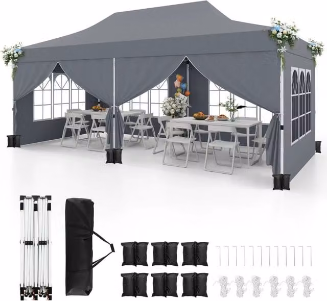 Gazebo pop-up con 6 pareti laterali e ingressi con cerniera, Gazebo istantaneo portatile per festa e picnic 3 x 6 m Grigio