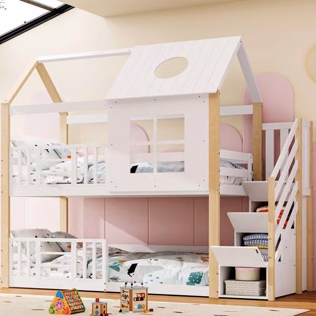 Letto a castello Mivray per bambini in legno e MDF bianco naturale con struttura a casetta, scala contenitore e finestre, L/P/H: 200 x 90 x 253,5 cm