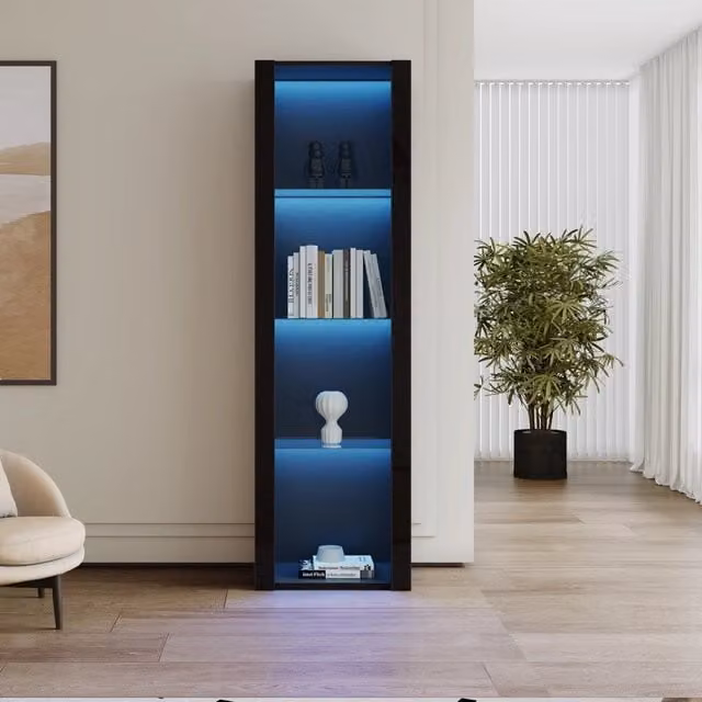 Armadietto vetrina Zephmum nero lucido con illuminazione LED e ante in vetro, L: 55 cm, P: 38 cm, H: 166 cm