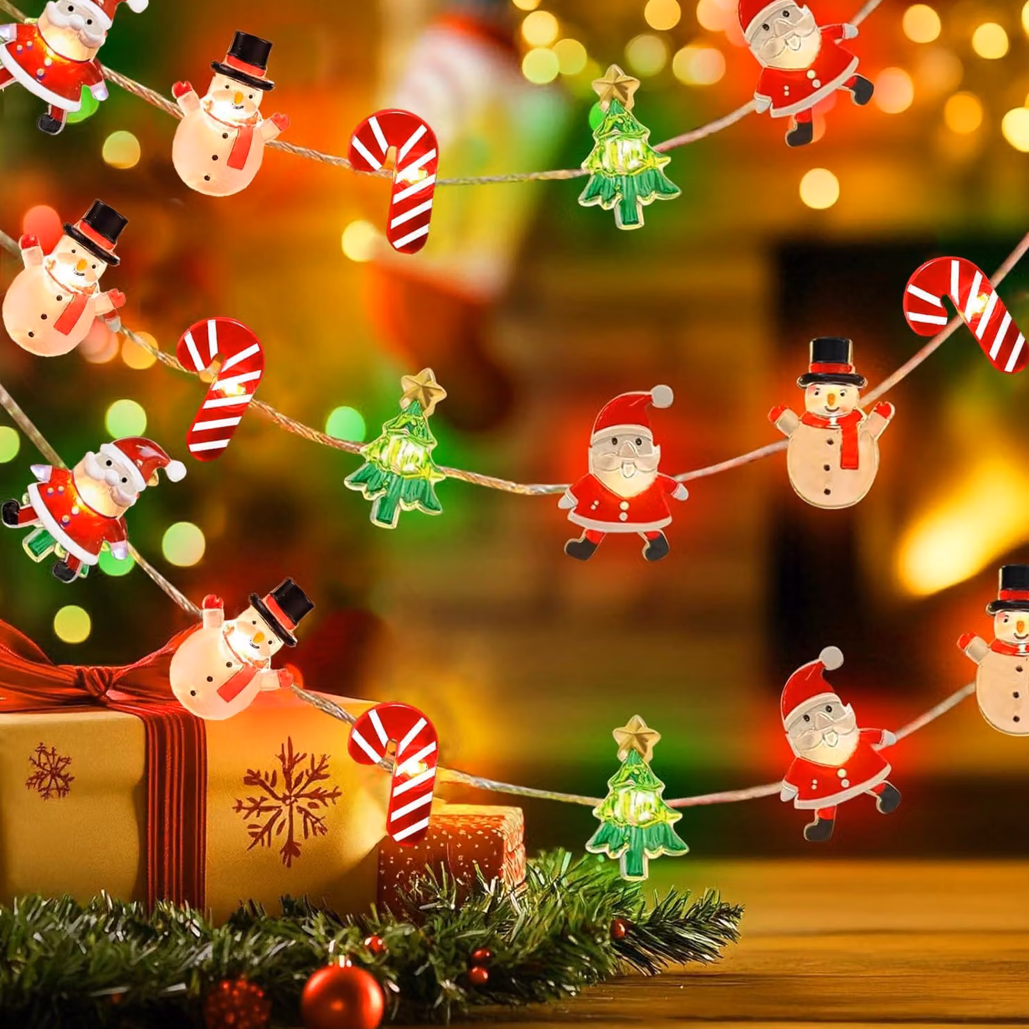 Catena luminosa a LED, 2 metri, 20 LED bianco caldo, con decorazioni a forma di pupazzi di neve e alberi di Natale