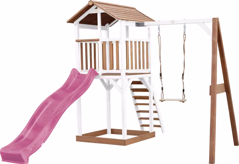 AXI Beach Tower parco giochi in legno in marrone e bianco | Torre di gioco con sabbiera, altalena e scivolo viola | Casa per bambini su palafitte per il giardino
