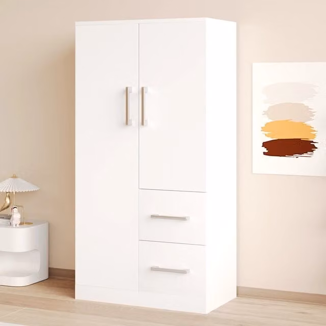 Armadio a 2 ante con 2 cassetti e ampio vano contenitore per camera di bambini, in legno bianco, 70 × 40 × 135 cm