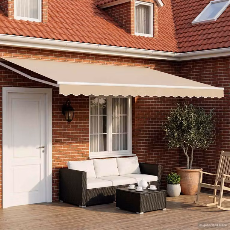 Tettuccio elettrico retrattile vidaXL con bracci pieghevoli in alluminio e copertura in poliestere, beige e bianco, L: 4 m x P: 3 m