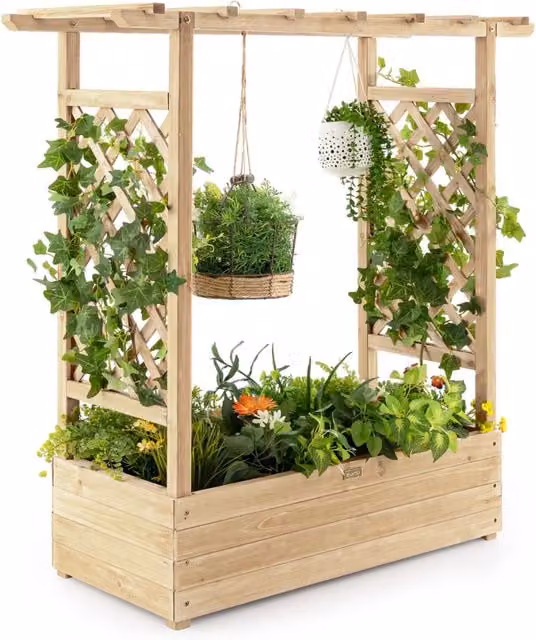 Letto rialzato da giardino in legno marrone con grigliato ad arco per orto e piante rampicanti L: 113,5 cm, P: 44 cm, H: 110 cm