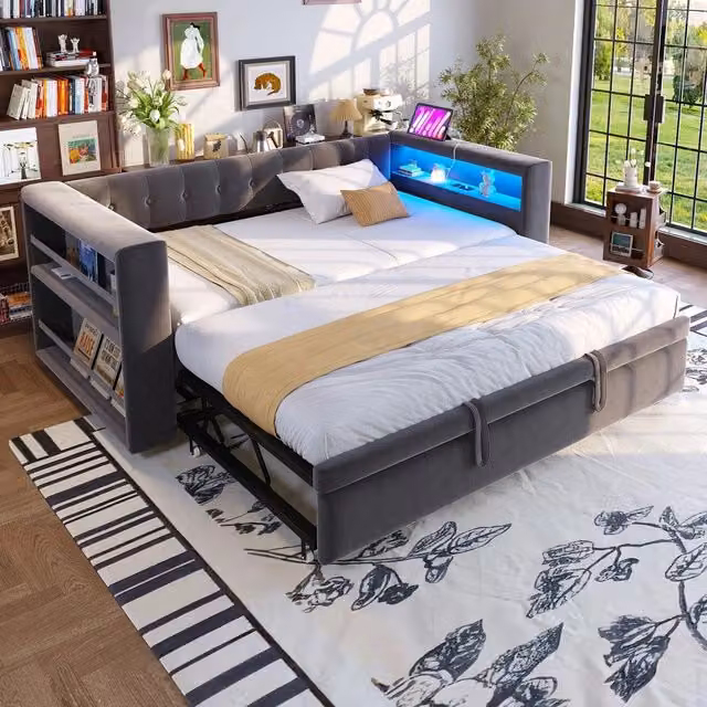 Letto Imbottito con LED e Contenitore ¨C MINIMAL ¨C Grigio Scuro, 90x190 / 180x190