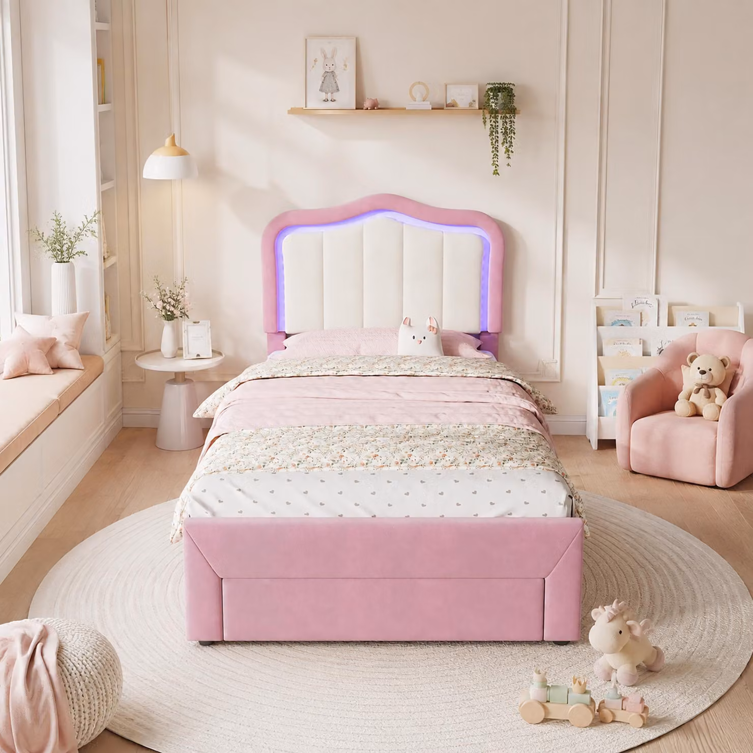 Letto imbottito okwish 90x200 con materasso, 2 cassetti e luci LED controllabili tramite app, letto per bambini con schienale bianco, letto singolo rosa