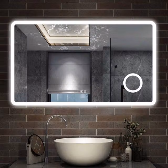 specchio rettangolare 120x70 cm con luce dimmerabile a 3 colori, bluetooth, antiappannamento e ingranditore 3x