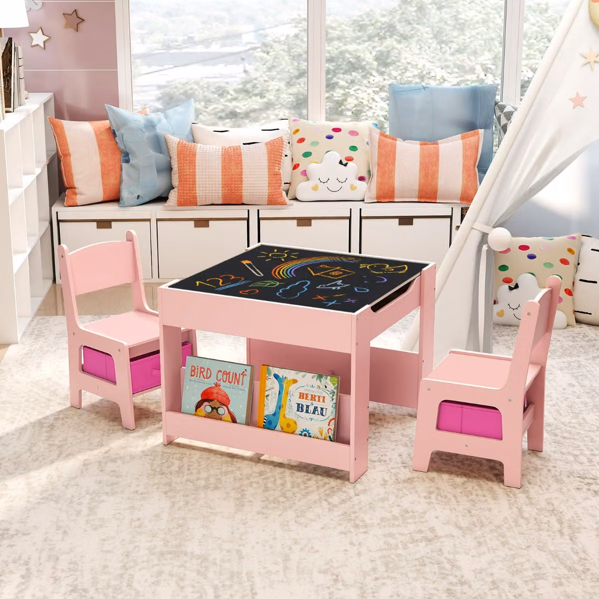 Costway Set da tavolo e sedie per bambini, Tavolo attività 4 in 1 con piano reversibile Rosa