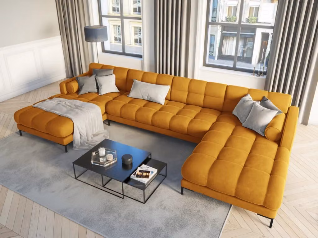 Divano panoramico Bali da 7 posti Cosmopolitan Design in velluto giallo con struttura in metallo e forma a L L: 383 cm, P: 185 cm, H: 75 cm – 2