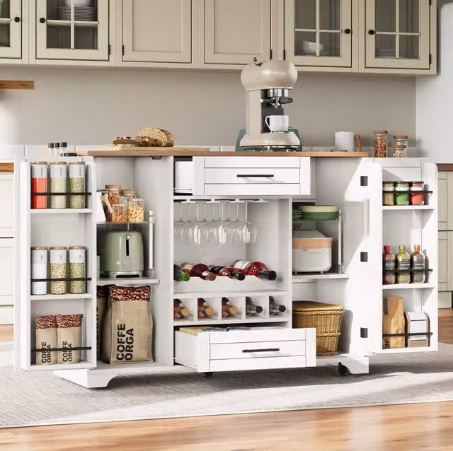 Carrello cucina ULEVR 138x45/70x92 cm con piano ribaltabile, portabottiglie per 9 bottiglie e ruote, bianco naturale
