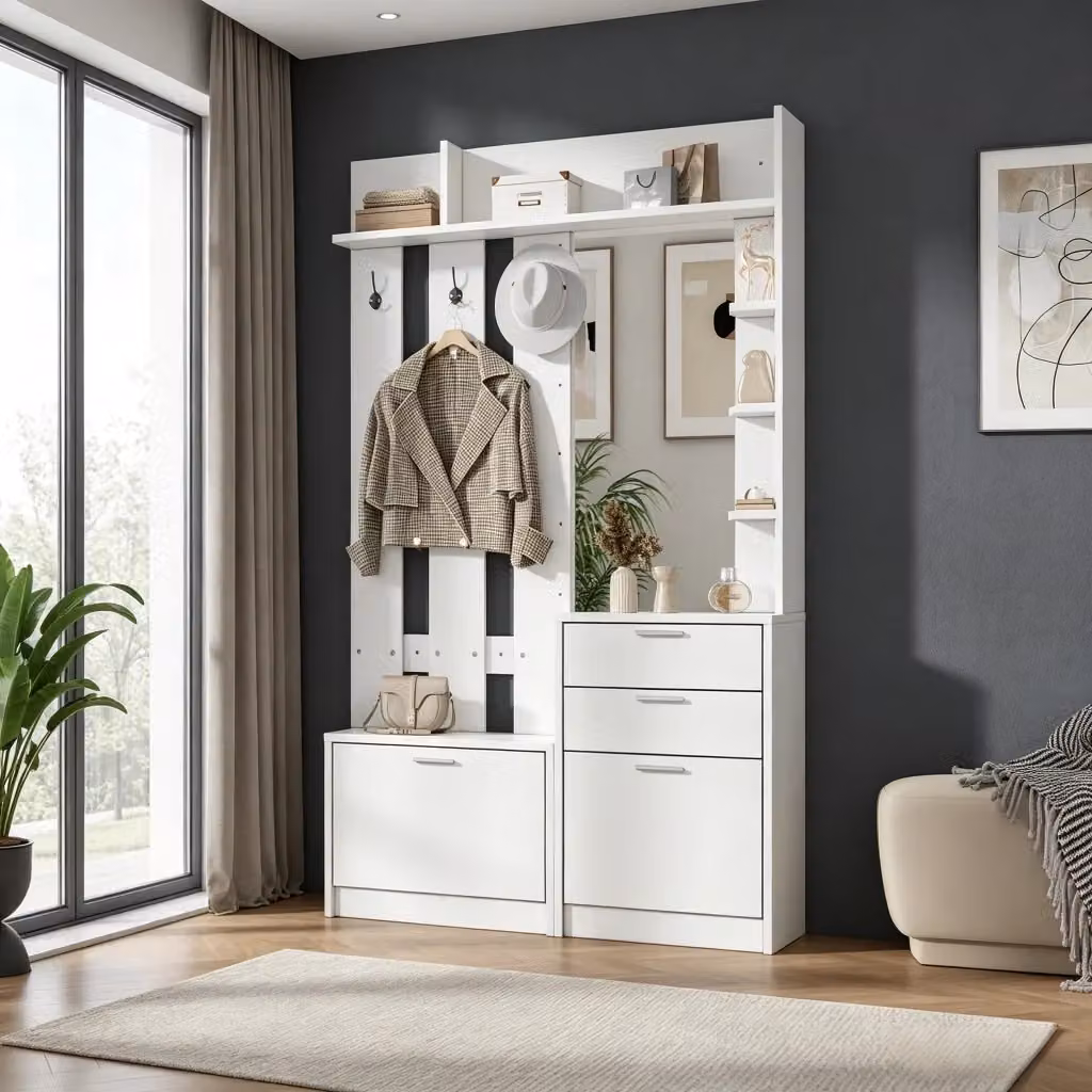 Mobile da ingresso OKWISH bianco con specchio, 2 cassetti, 2 scarpieri ribaltabili, 3 ganci e ripiani interni in MDF, L/P/H: 110 x 34 x 185 cm – 2