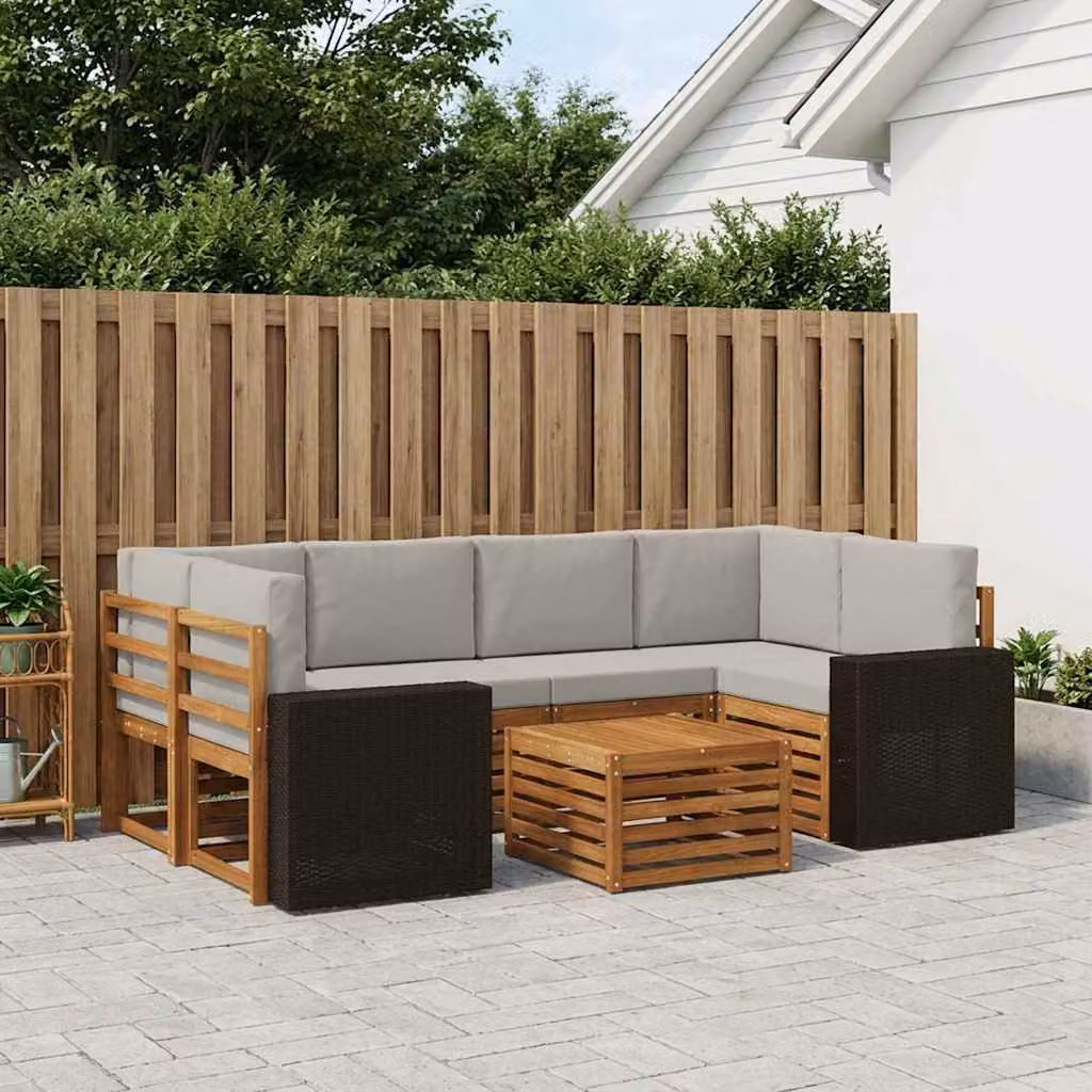 Set di divani da esterno vidaXL 7 pz in legno di acacia con tavolo da caffè, design moderno a L, colori beige, grigio e marrone