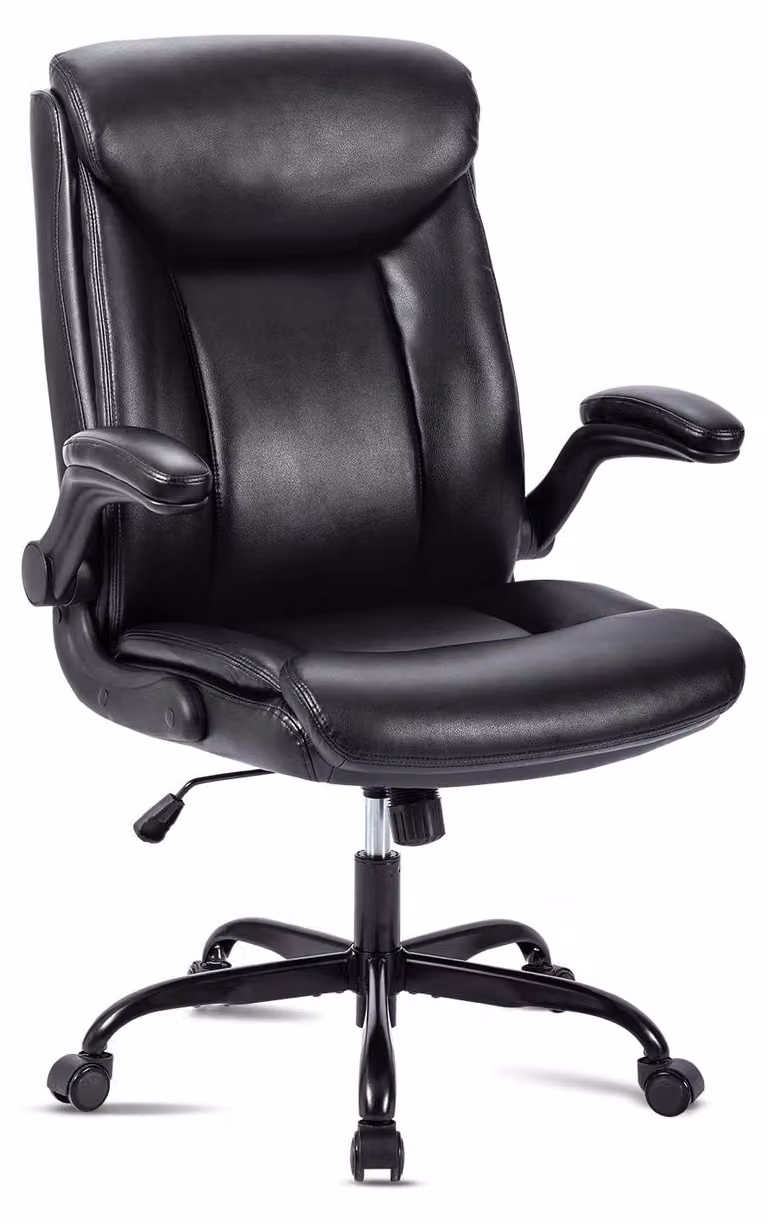 Sedia da ufficio ergonomica - Rivestita in ecopelle nera - Braccioli pieghevoli - 68x68x117 cm - Adatta per adulti - Sedia girevole