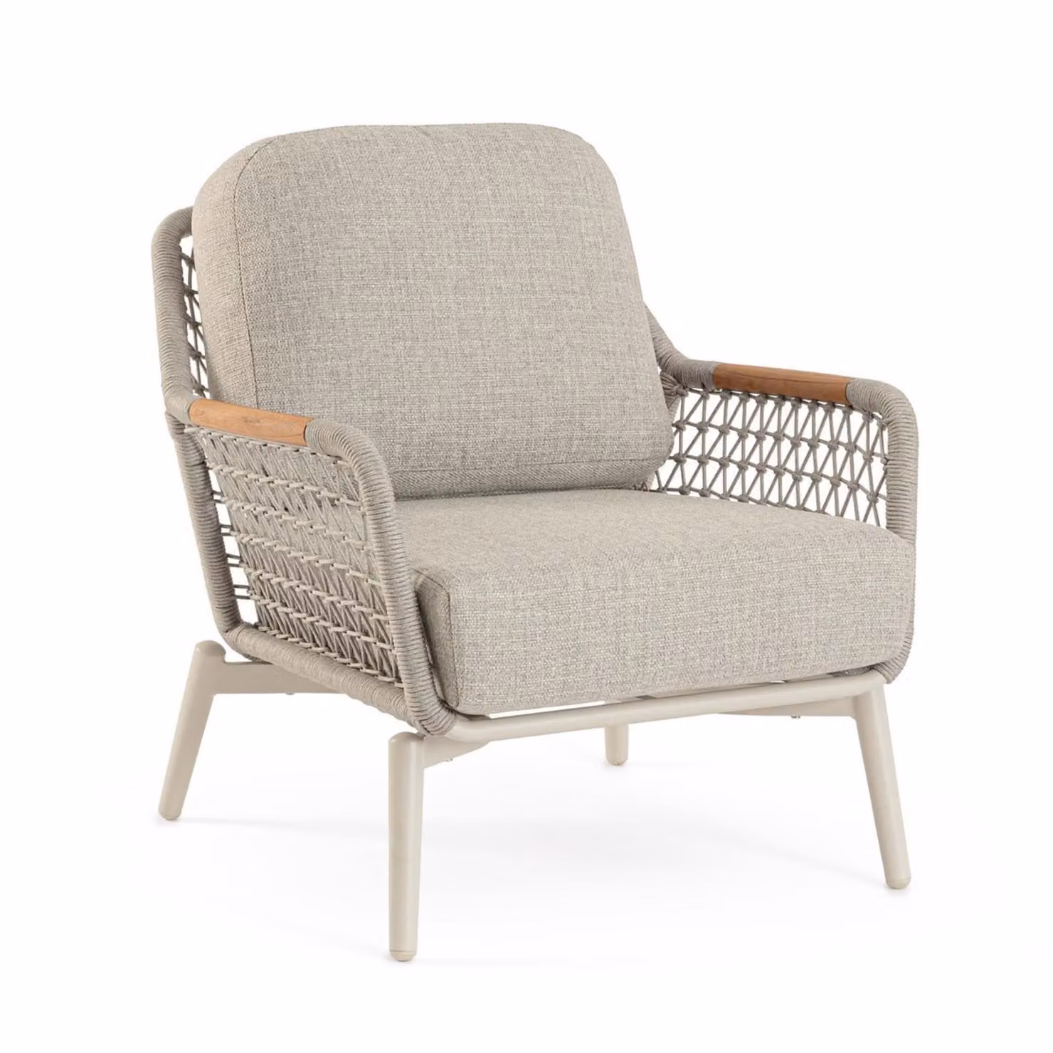 Poltrona da giardino SEVILLA con intreccio in corda, cuscini beige e struttura in alluminio beige
