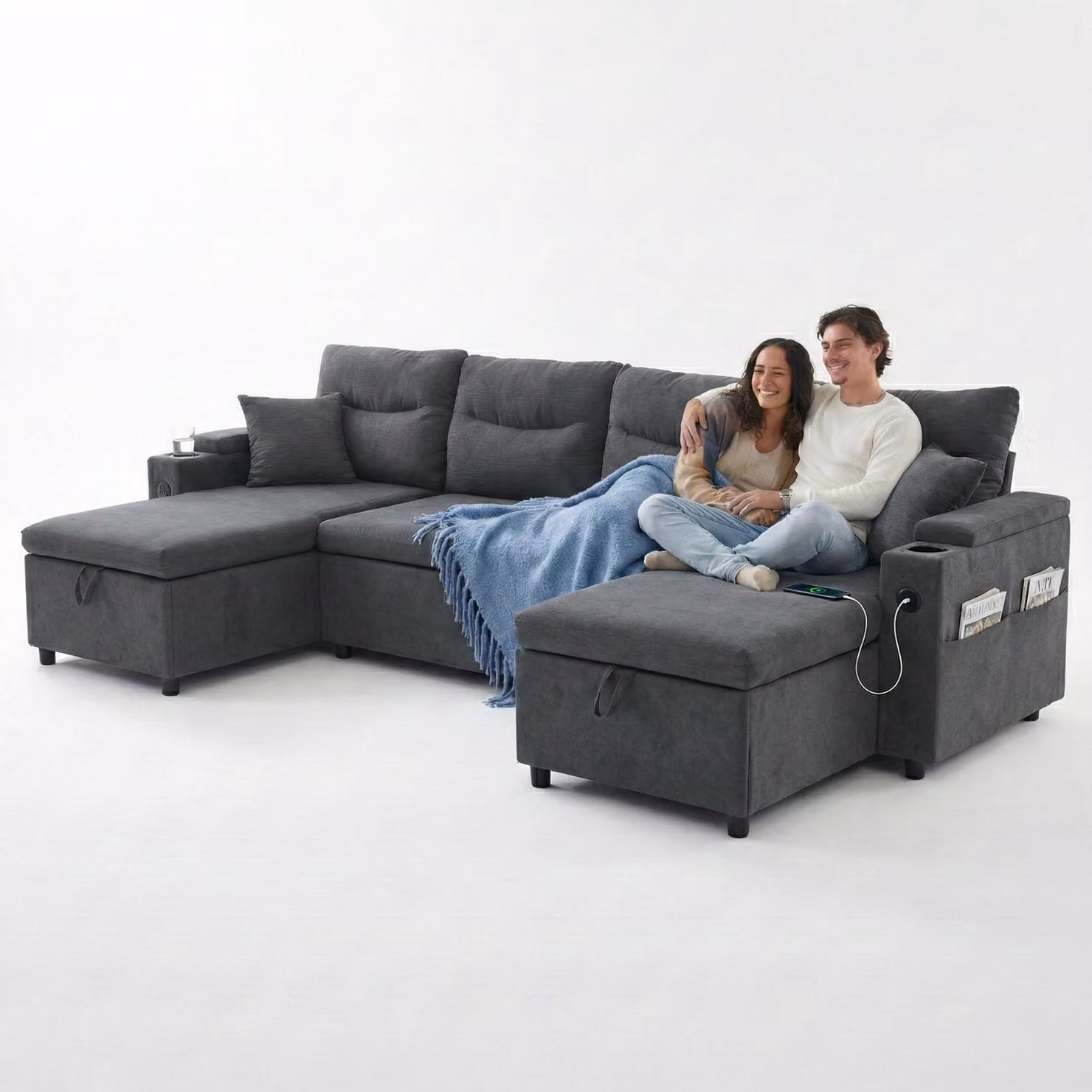 LVHOM Divano letto a U con contenitore, USB-C - Divano angolare con funzione letto, divano da salotto in lino a 4 posti, divano con contenitore, grigio