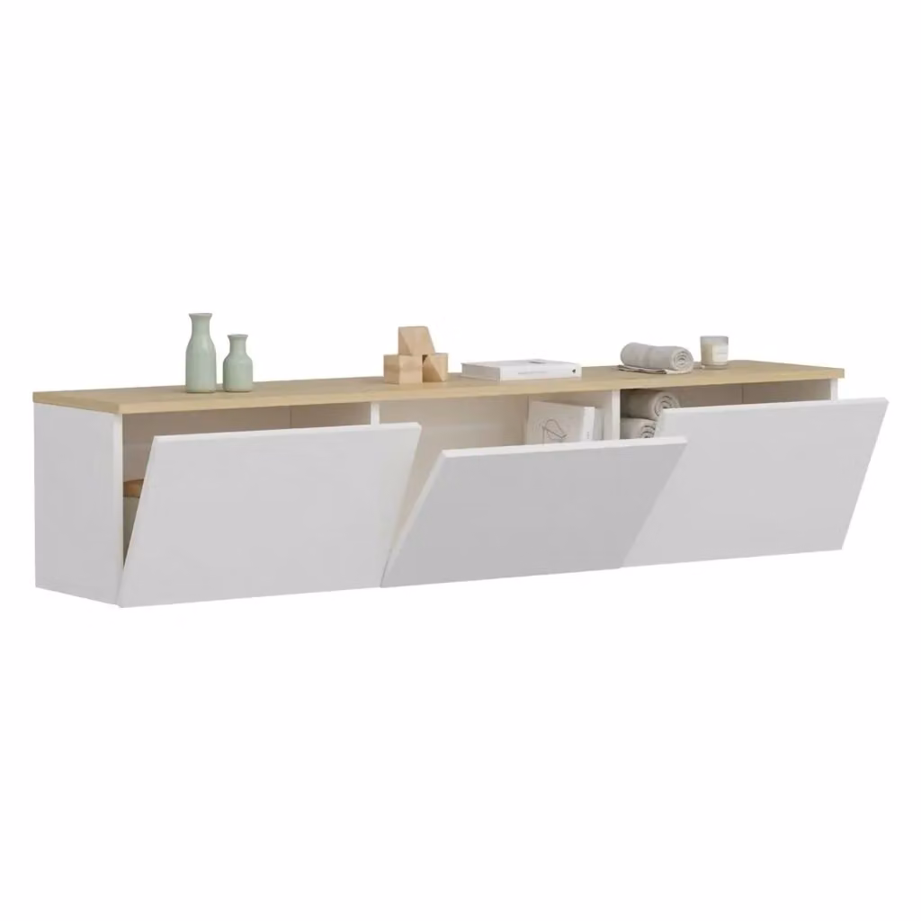 Mobile porta TV Pianiga DMORA con 3 ante, design minimalista, bianco e legno rovere, L: 160 cm, P: 32 cm, H: 35 cm – 2