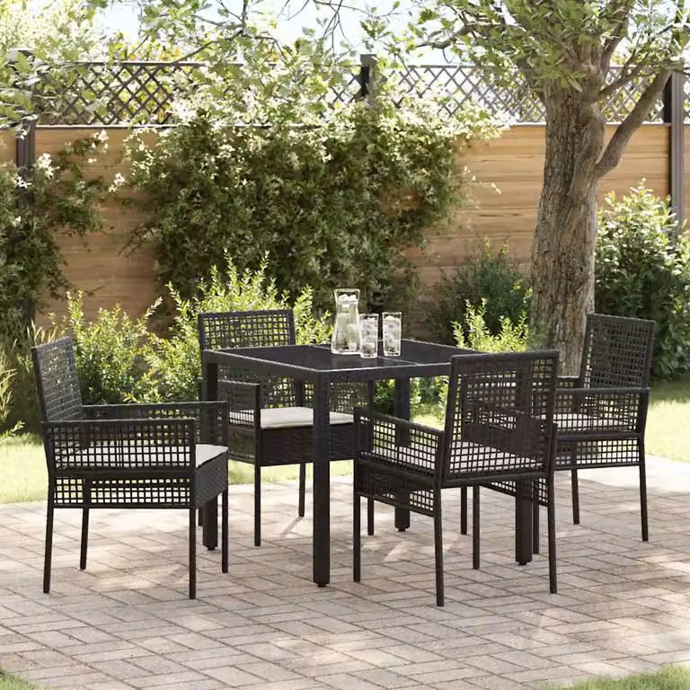 Set da pranzo per giardino e terrazzo vidaXL in polyrattan e vetro, 5 pezzi, Nero e Beige
