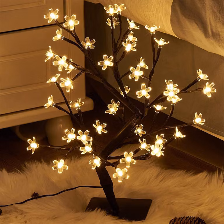 Albero di ciliegio illuminato a LED, 48 LED, luce bianco caldo, dimensioni 30 x 52 cm, alimentazione tramite USB o batterie