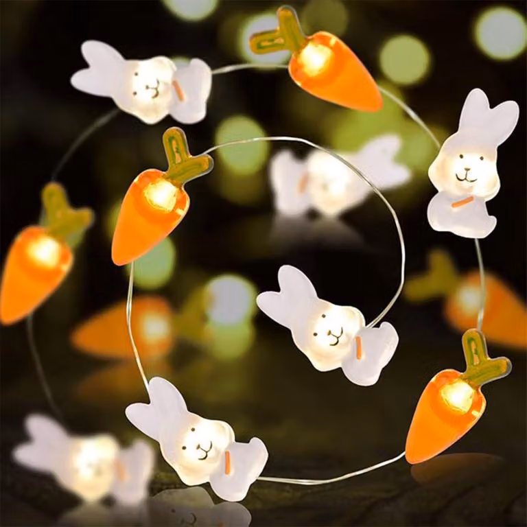 Catena luminosa a LED con coniglietti e carote, 2 metri, 20 LED, luce bianco caldo/giallo